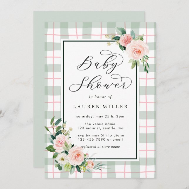 Invitation Fleur aquarelle| Baby shower Pastel Plaid (Devant / Derrière)
