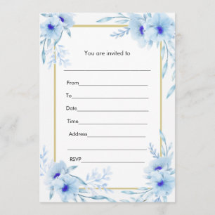 Invitation Fleur Aquarelle Bleu Or à Remplir