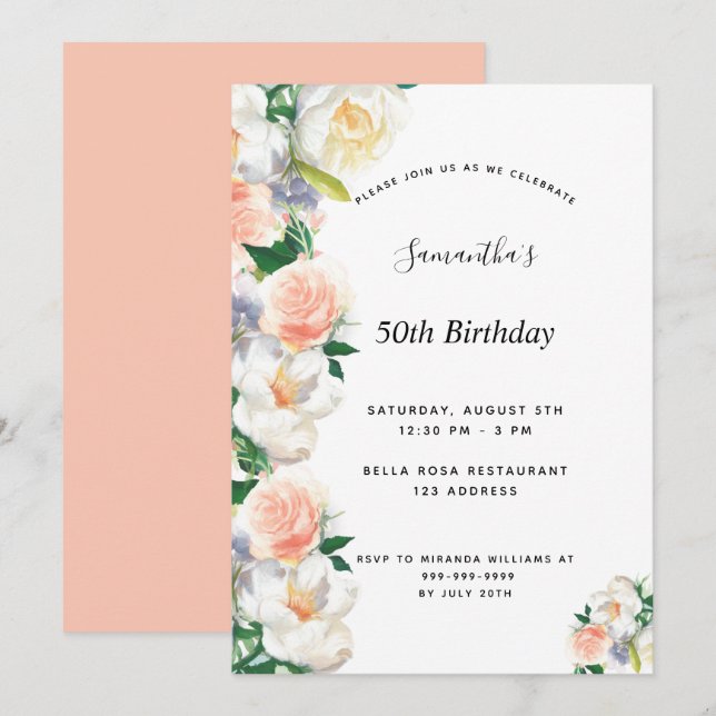 Invitation Fleur aquarelle de fête d'anniversaire corail blan (Devant / Derrière)