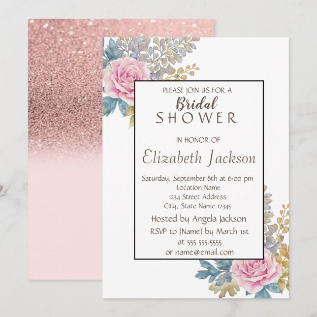 Invitation Fleur aquarelle, douche de mariée pailletée (Devant / Derrière)