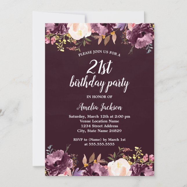 Invitation Fleur aquarelle floraison violette Fête d'annivers (Devant)