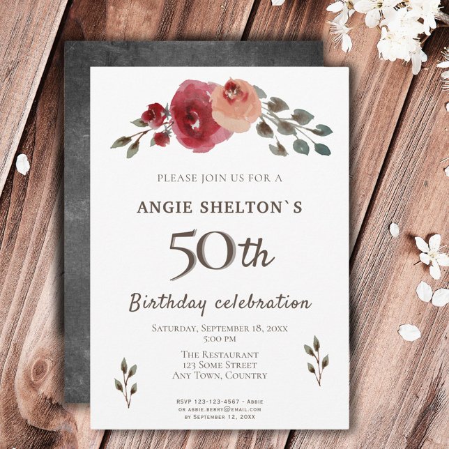 Invitation Fleur aquarelle rose florale 50e anniversaire (Créateur téléchargé)