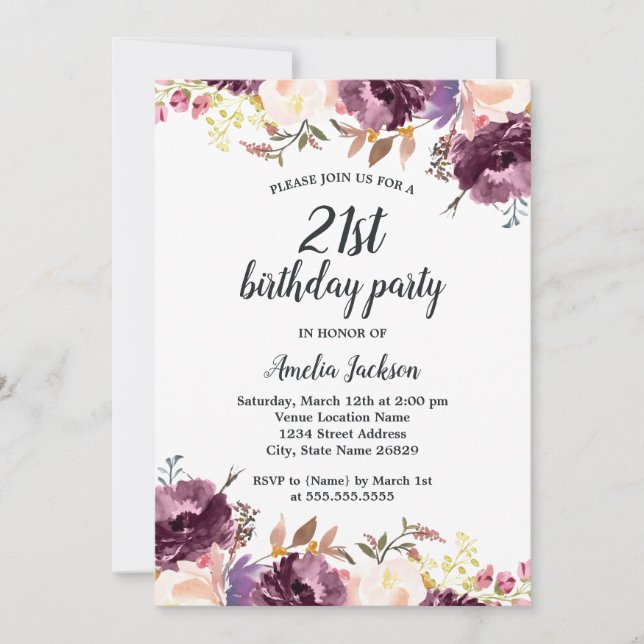 Invitation Fleur Aquarelle violet Floral 21ème anniversaire f (Devant)