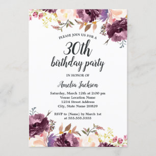 Invitation Fleur Aquarelle violet Floral 30e anniversaire fêt