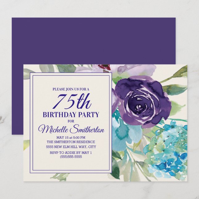 Invitation Fleur aquarelle violet prune 75e anniversaire (Devant / Derrière)