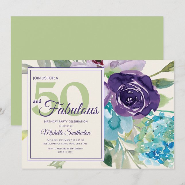 Invitation Fleur aquarelle violet prune bleu 50 et Fabuleux (Devant / Derrière)