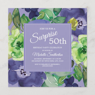 Invitation Fleur aquarelle violet vert marine 50e anniversair
