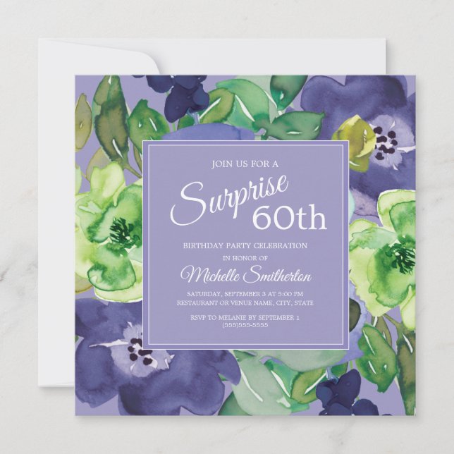 Invitation Fleur aquarelle violet vert marine 60e anniversair (Devant)