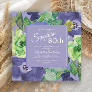 Invitation Fleur aquarelle violet vert marine 80e anniversair