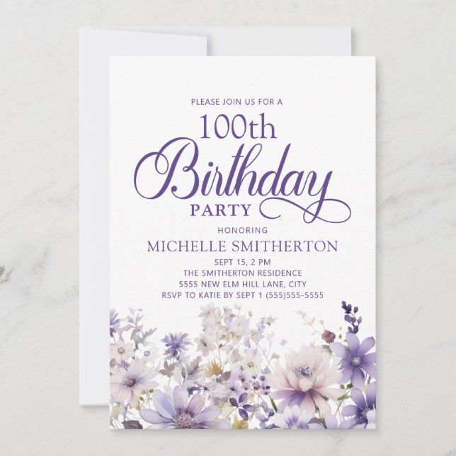 Invitation Fleur aquarelle violette 100e anniversaire (Devant)