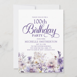 Invitation Fleur aquarelle violette 100e anniversaire