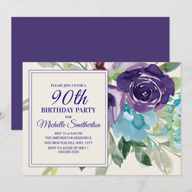 Invitation Fleur aquarelle violette prune 90e anniversaire (Devant / Derrière)