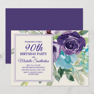 Invitation Fleur aquarelle violette prune 90e anniversaire