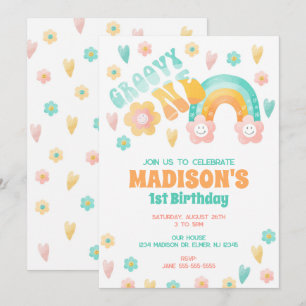 Invitation Fleur Arc-en-Ciel Groovy Années 70 Rétro 1er Anniv