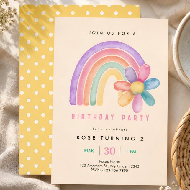 Invitation Fleur Arc-en-ciel Pastel 2e Anniversaire (Créateur téléchargé)