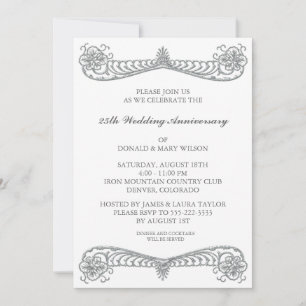 Invitation Fleur Argent Scroll 25ème Fête Anniversaire Argent