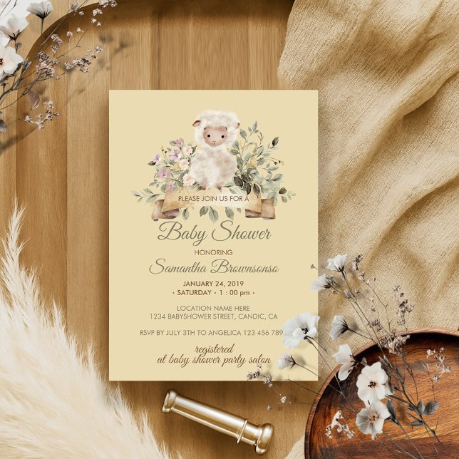 Invitation Fleur beige crème mouton agneau mignon (Créateur téléchargé)