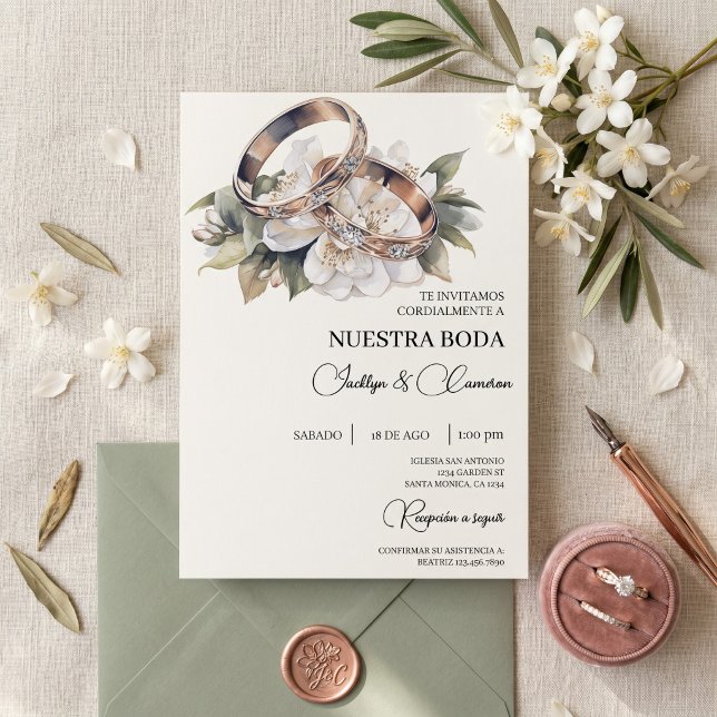Invitation Fleur blanche avec alliance Mariage Espagnol (Créateur téléchargé)