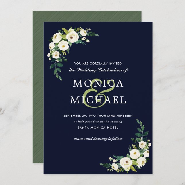 Invitation Fleur blanche | Blue Floral Botanical Corner Maria (Devant / Derrière)