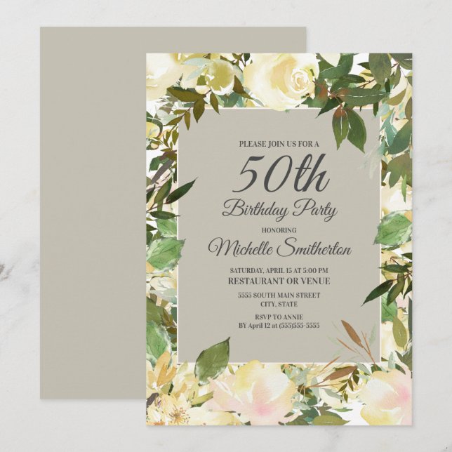 Invitation Fleur Blanche Crème Sage Vert 50e Anniversaire (Devant / Derrière)