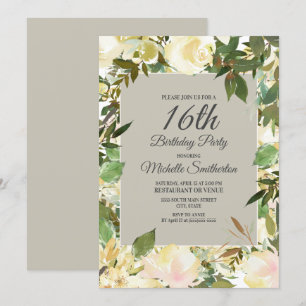 Invitation Fleur Blanche Crème Sage Verte 16e Anniversaire