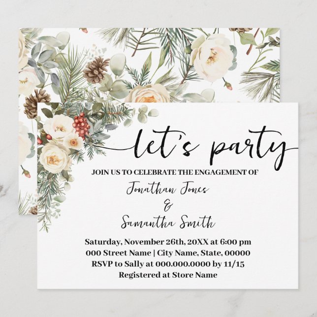 Invitation Fleur blanche d'hiver Faisons la fête Engagement (Devant / Derrière)