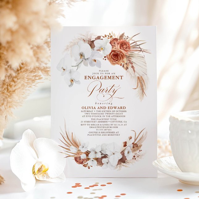 Invitation Fleur blanche en terre cuite Boho Chic Engagement  (Floral Boho Terracotta Engagement Party Invitations)
