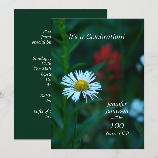 Invitation Fleur blanche Fête d'anniversaire 100 ans (Devant / Derrière)