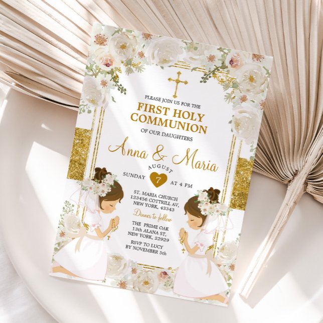 Invitation Fleur blanche jumelle 1ère Sainte Communion (Créateur téléchargé)