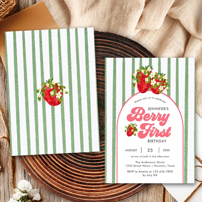 Invitation Fleur Blanche Verte Fraise Baie 1er Anniversaire (Créateur téléchargé)
