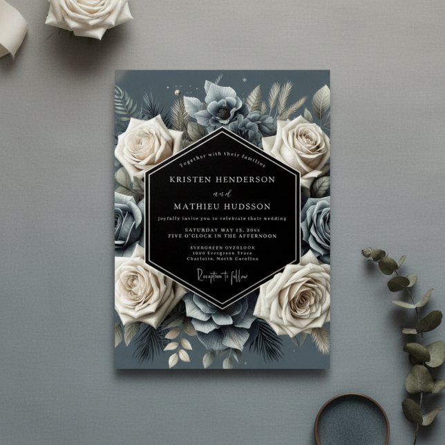 Invitation Fleur Bleu Ardoise Mariage Opulent (Créateur téléchargé)