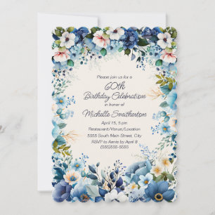 Invitation Fleur Bleu Blanc 60e Anniversaire à Bordure Ondulé