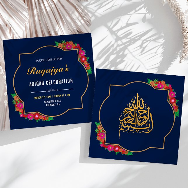 Invitation Fleur Bleu Foncé Bébé Fille Aqiqah (Créateur téléchargé)