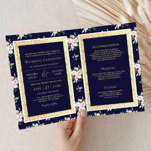 Invitation Fleur bleu foncé tout-en-un mariage indien or