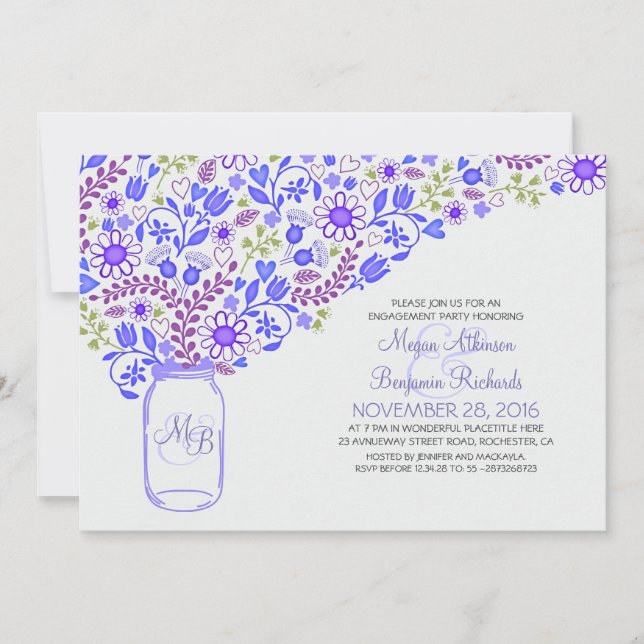 Invitation fleur bleu mason jarre joli fiançon (Devant)