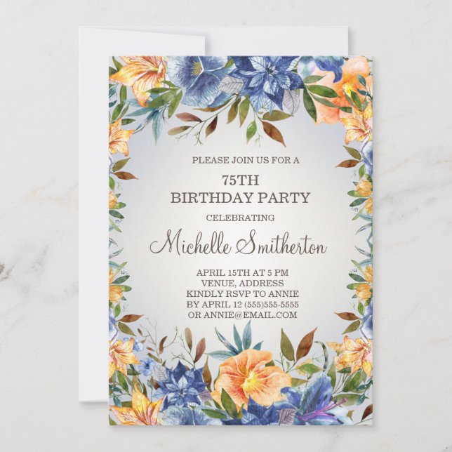 Invitation Fleur Bleu Orange 75e Anniversaire  (Devant)