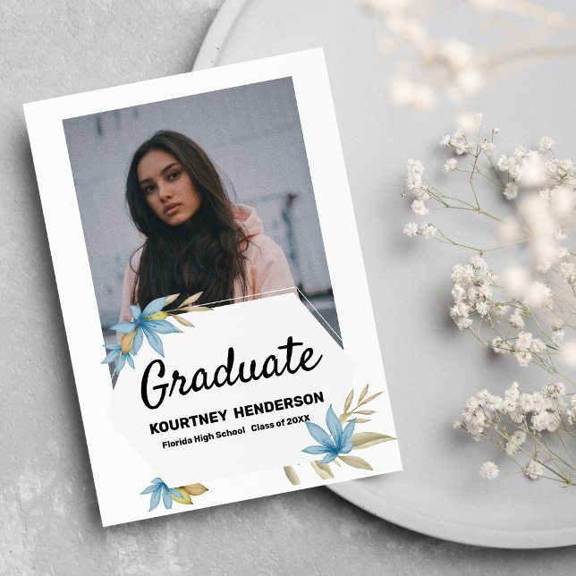 Invitation Fleur bleu pastel Fleur bleue Photo Graduation Par (Pastel brown blue flower Photo Graduation Party)