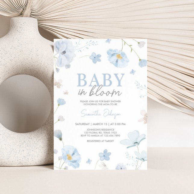 Invitation Fleur Bleu Printanier Bébé en Fleur Baby Shower (Blue Spring Floral Baby in Bloom Baby Shower Invitation)