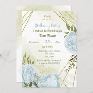 Invitation fleur bleu romantique verdure fête d'anniversaire