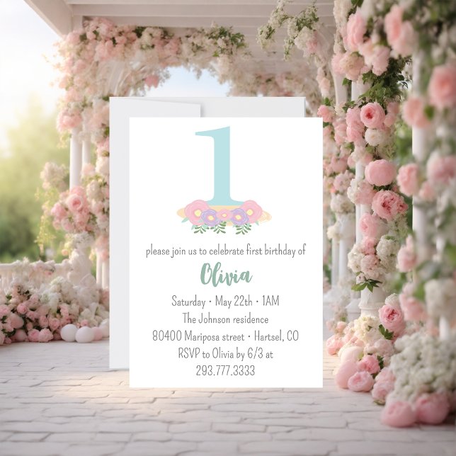 Invitation Fleur bleu, rose pastel 1er anniversaire  (Créateur téléchargé)