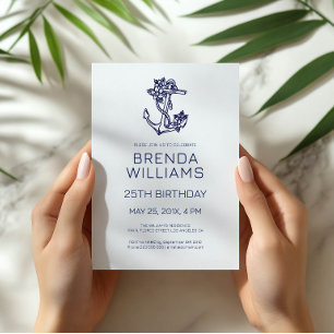 Invitation Fleur Bleu sur Blanc Ancrage Bleu Fête d'Anniversa