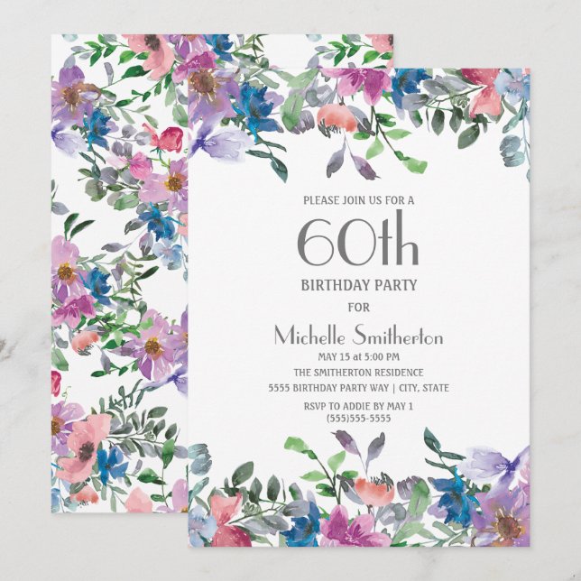 Invitation Fleur Bleu Violet 60 ans pour Femme (Devant / Derrière)