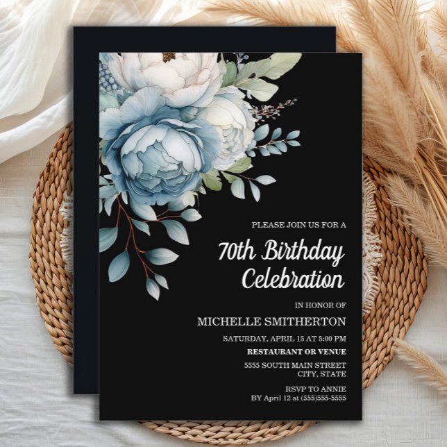 Invitation Fleur Bleue Blanche Anniversaire 70 ans Femme (Elegant dusty blue watercolor floral on black 70th birthday party invitation for women.)