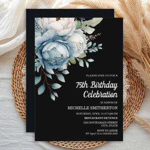 Invitation Fleur Bleue Blanche Anniversaire 75 Ans Femme