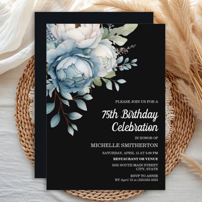 Invitation Fleur Bleue Blanche Anniversaire 75 Ans Femme (Dusty blue watercolor floral on elegant black 75th birthday party invitation.)