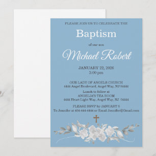 Invitation Fleur Bleue Blanche Croix Baptême Aquarelle