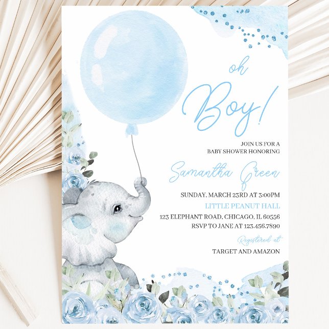 Invitation Fleur Bleue C'est un Éléphant Garçon Baby Shower (Créateur téléchargé)