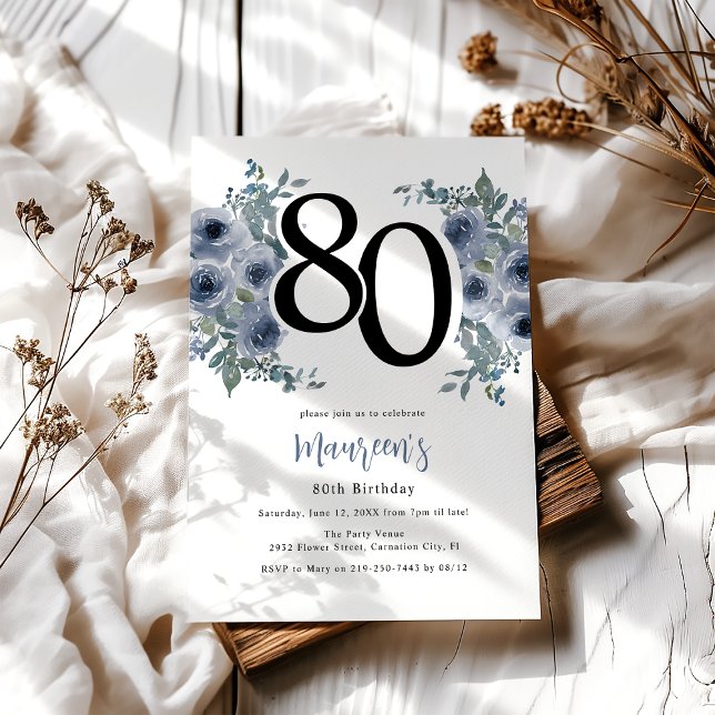 Invitation Fleur Bleue Élégante 80e Anniversaire (Créateur téléchargé)