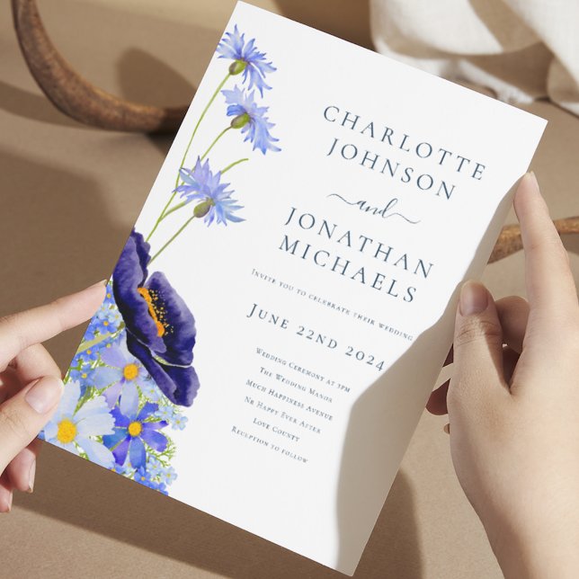 Invitation Fleur bleue élégante d'été (watercolor wildflowers blue summer floral wedding invitation with elegant typography script)