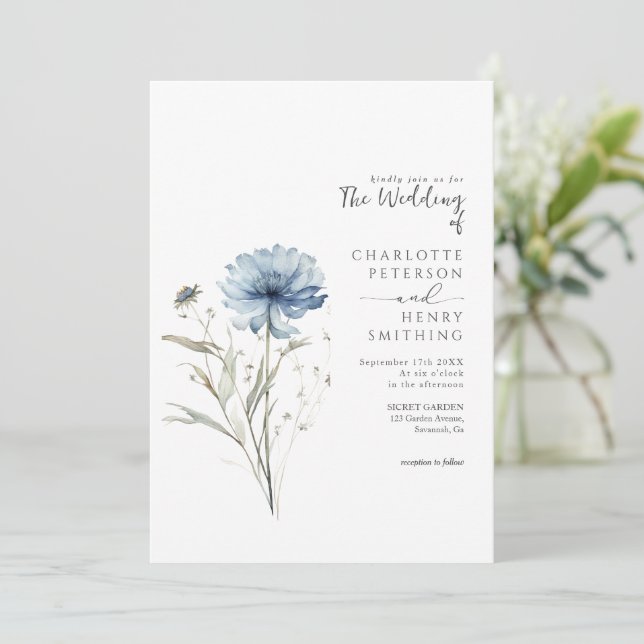 Invitation Fleur Bleue Élégante Mariage Moderne Code QR  (Debout devant)